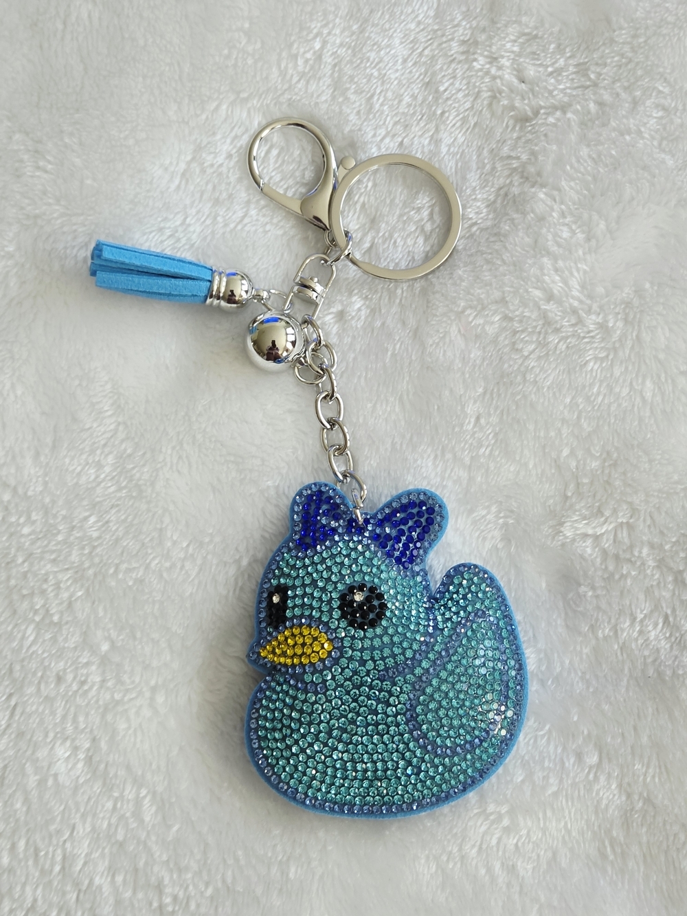 Blue Rhinestone Rubber Duck Keychain with Tassel Beautiful Bag Charm